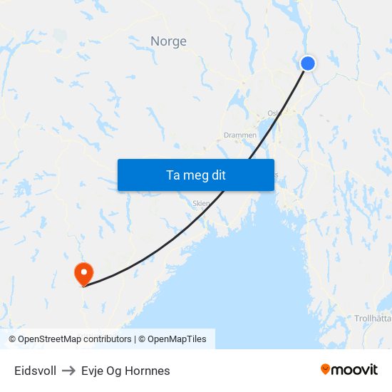 Eidsvoll to Evje Og Hornnes map