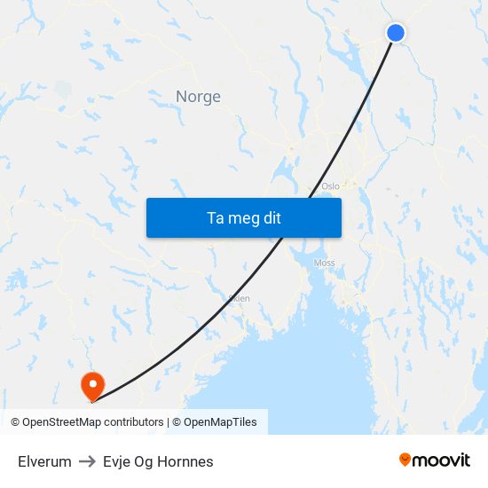 Elverum to Evje Og Hornnes map