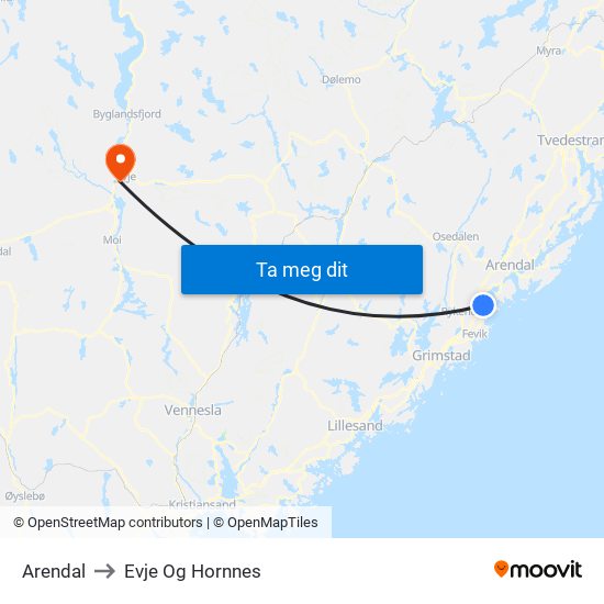 Arendal to Evje Og Hornnes map