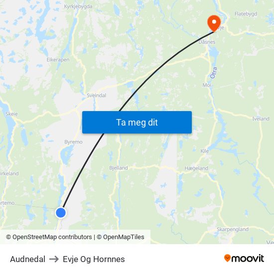 Audnedal to Evje Og Hornnes map