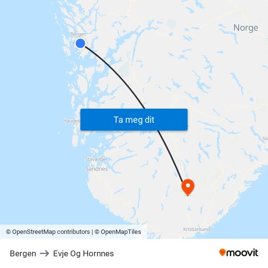 Bergen to Evje Og Hornnes map