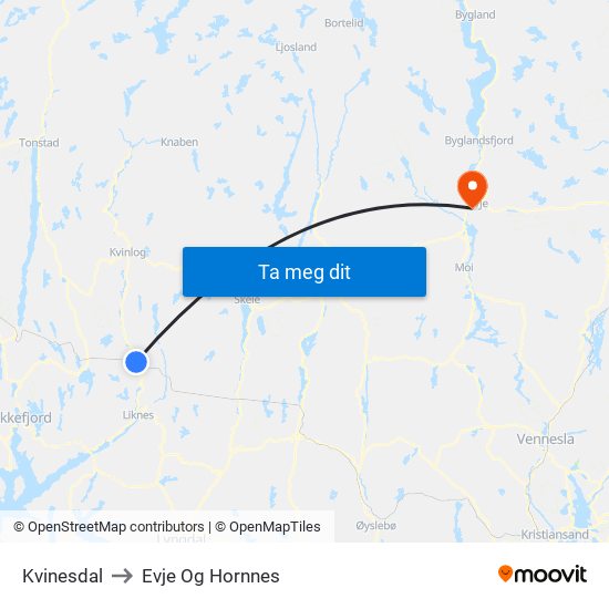 Kvinesdal to Evje Og Hornnes map