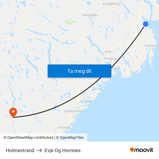 Holmestrand to Evje Og Hornnes map