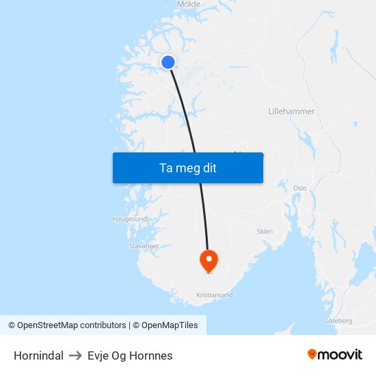 Hornindal to Evje Og Hornnes map