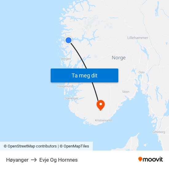 Høyanger to Evje Og Hornnes map