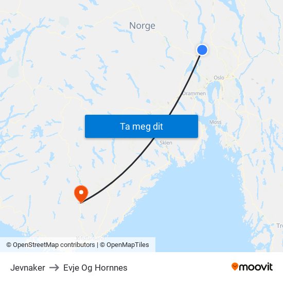 Jevnaker to Evje Og Hornnes map