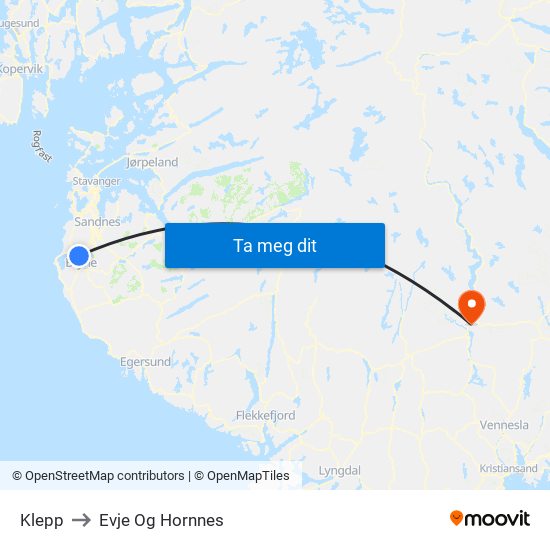 Klepp to Evje Og Hornnes map