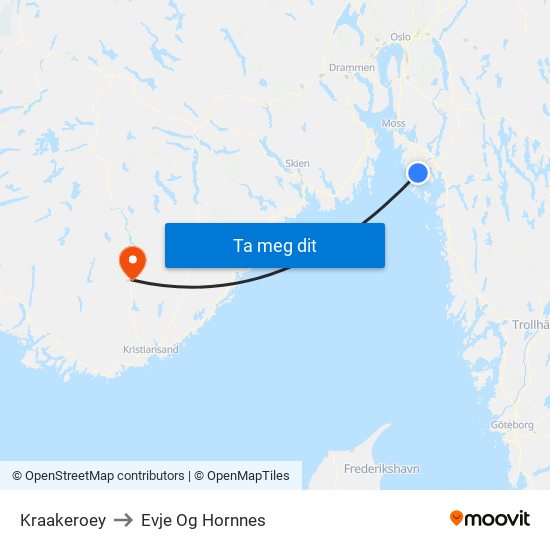 Kraakeroey to Evje Og Hornnes map