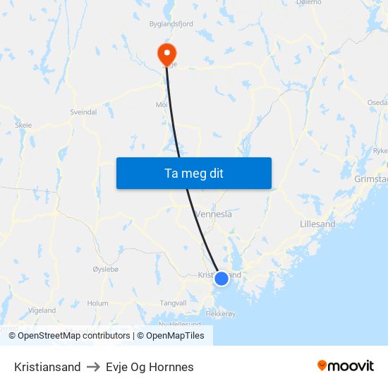 Kristiansand to Evje Og Hornnes map