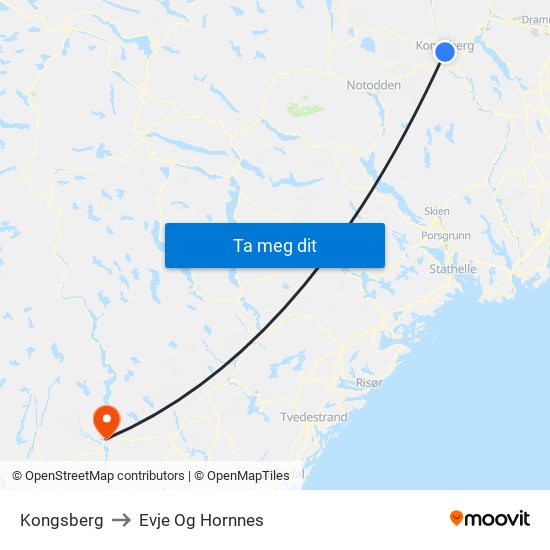 Kongsberg to Evje Og Hornnes map