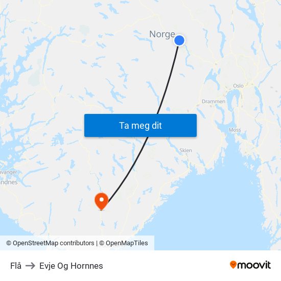 Flå to Evje Og Hornnes map