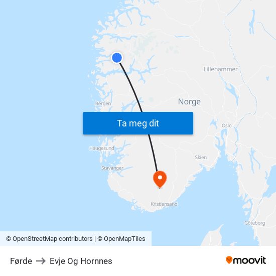 Førde to Evje Og Hornnes map