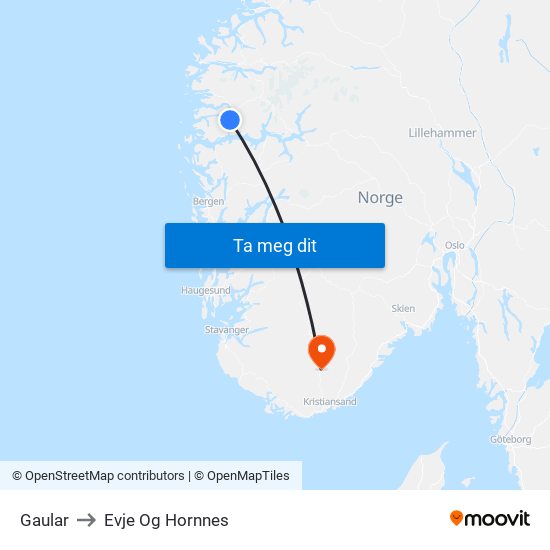 Gaular to Evje Og Hornnes map