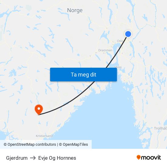 Gjerdrum to Evje Og Hornnes map