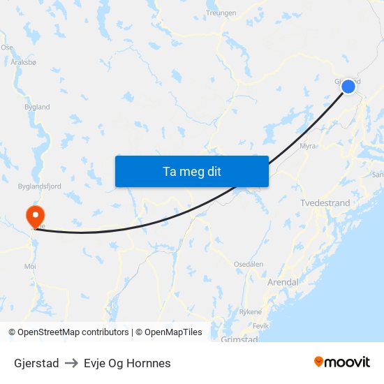 Gjerstad to Evje Og Hornnes map