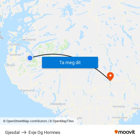 Gjesdal to Evje Og Hornnes map