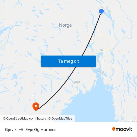 Gjøvik to Evje Og Hornnes map