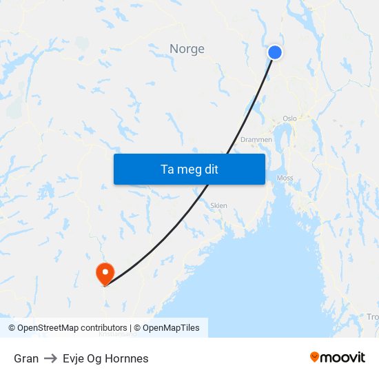 Gran to Evje Og Hornnes map