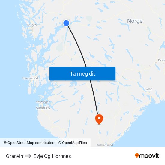 Granvin to Evje Og Hornnes map