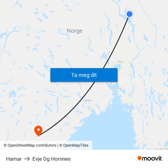Hamar to Evje Og Hornnes map