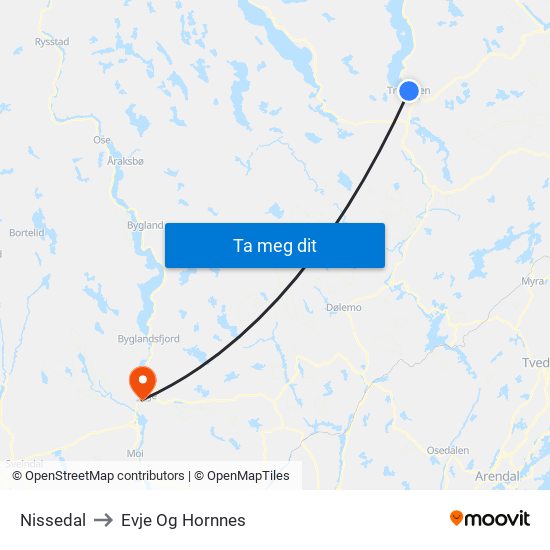 Nissedal to Evje Og Hornnes map