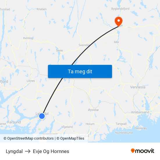 Lyngdal to Evje Og Hornnes map