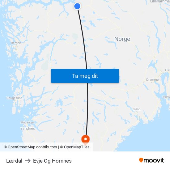 Lærdal to Evje Og Hornnes map