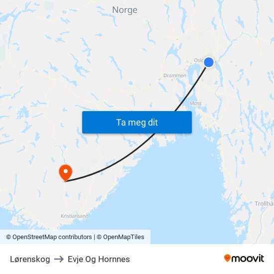 Lørenskog to Evje Og Hornnes map