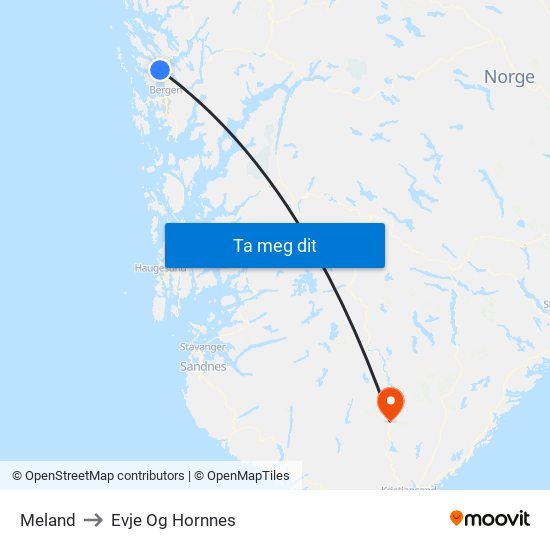 Meland to Evje Og Hornnes map