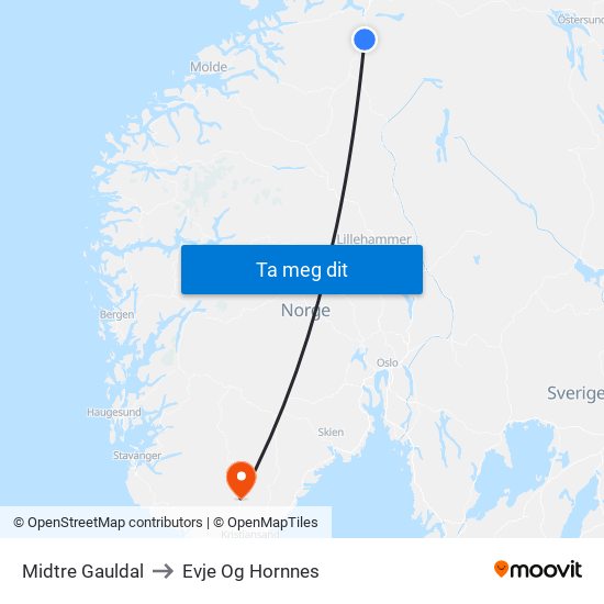 Midtre Gauldal to Evje Og Hornnes map