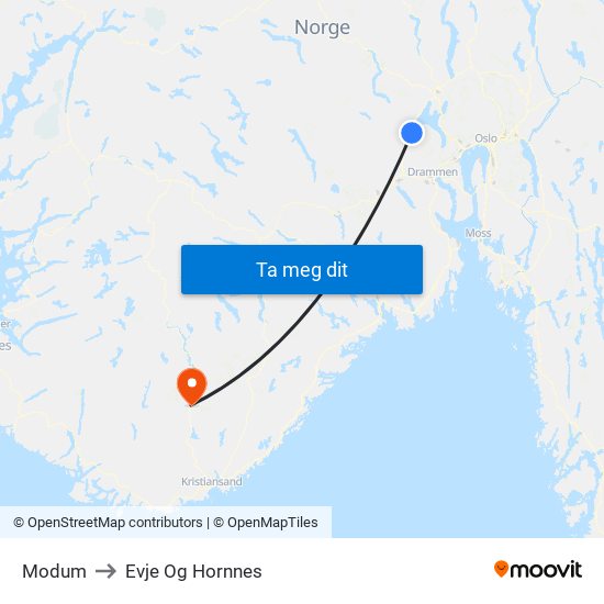 Modum to Evje Og Hornnes map