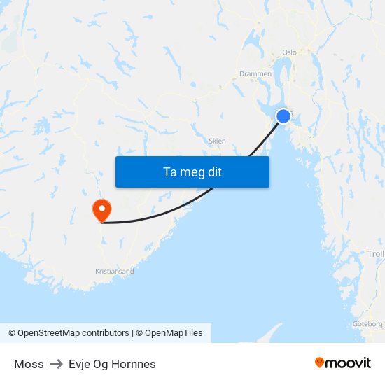 Moss to Evje Og Hornnes map