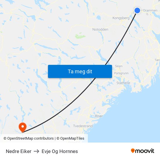 Nedre Eiker to Evje Og Hornnes map