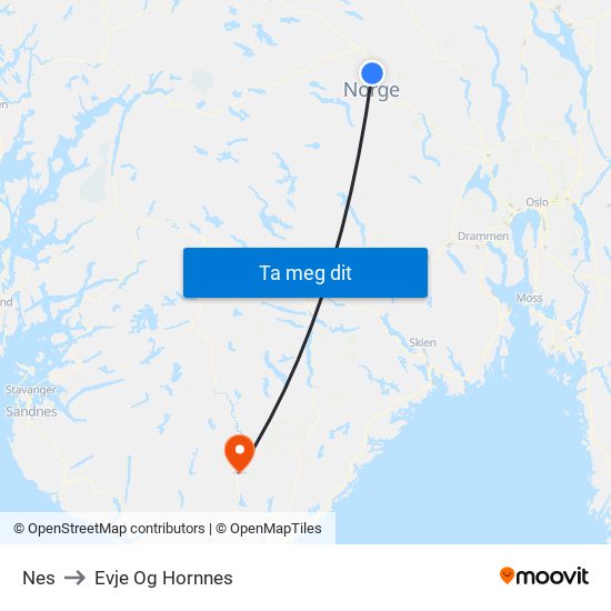 Nes to Evje Og Hornnes map