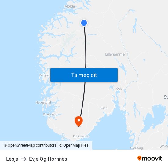 Lesja to Evje Og Hornnes map