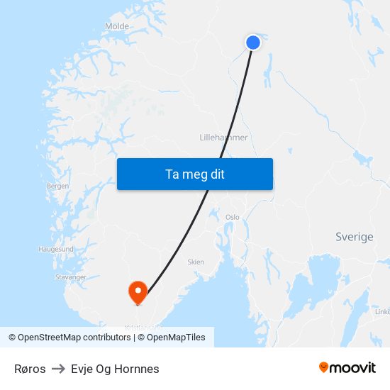 Røros to Evje Og Hornnes map