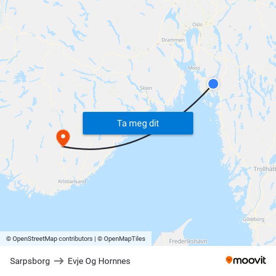 Sarpsborg to Evje Og Hornnes map