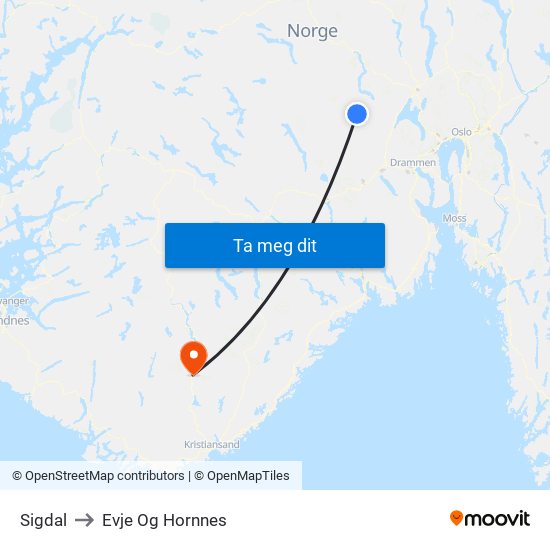 Sigdal to Evje Og Hornnes map