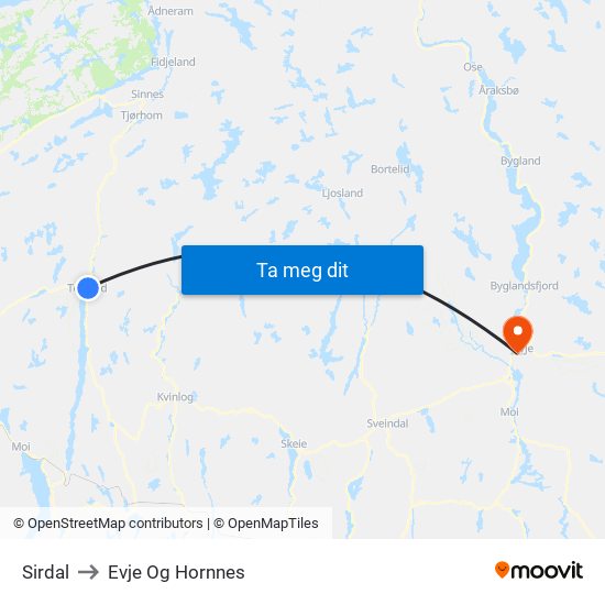 Sirdal to Evje Og Hornnes map