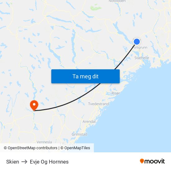 Skien to Evje Og Hornnes map