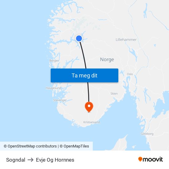 Sogndal to Evje Og Hornnes map