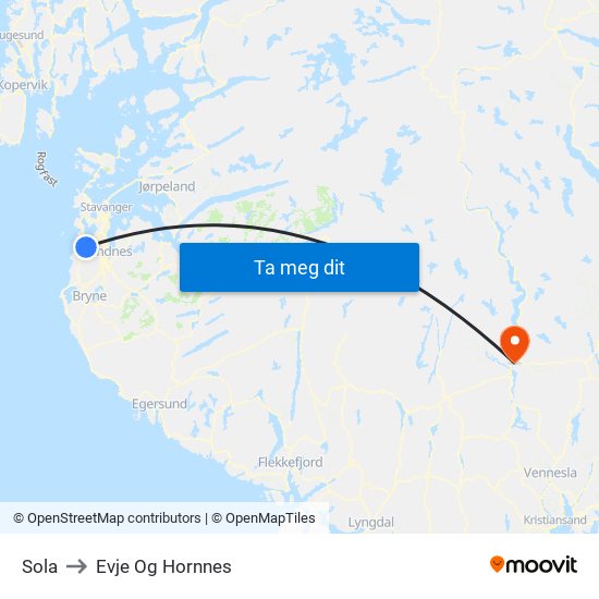 Sola to Evje Og Hornnes map