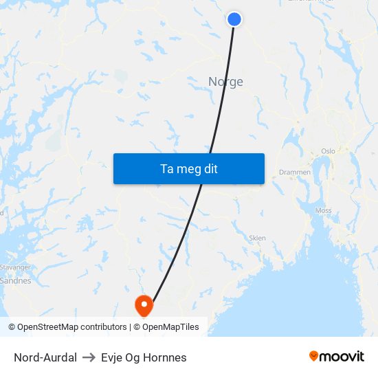 Nord-Aurdal to Evje Og Hornnes map