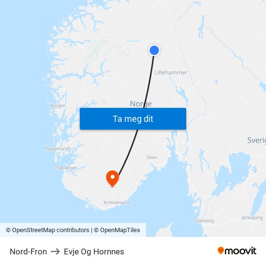 Nord-Fron to Evje Og Hornnes map