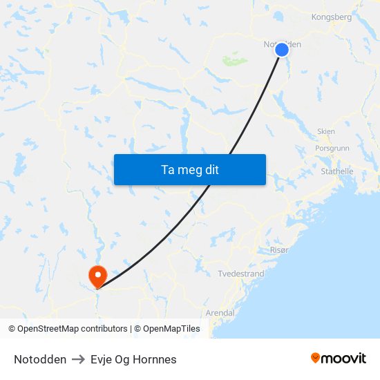 Notodden to Evje Og Hornnes map