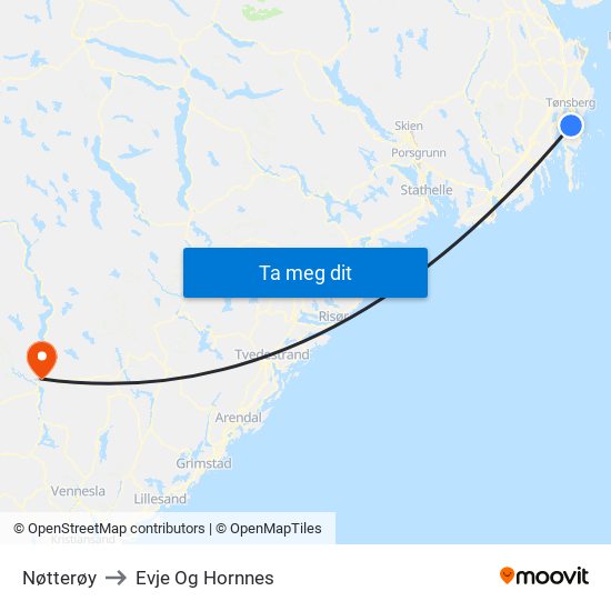 Nøtterøy to Evje Og Hornnes map