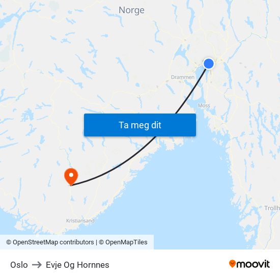 Oslo to Evje Og Hornnes map