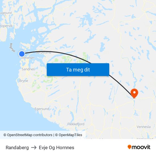 Randaberg to Evje Og Hornnes map