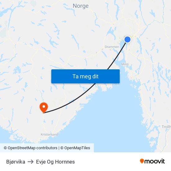 Bjørvika to Evje Og Hornnes map