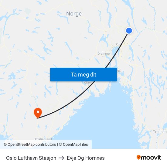 Oslo Lufthavn Stasjon to Evje Og Hornnes map